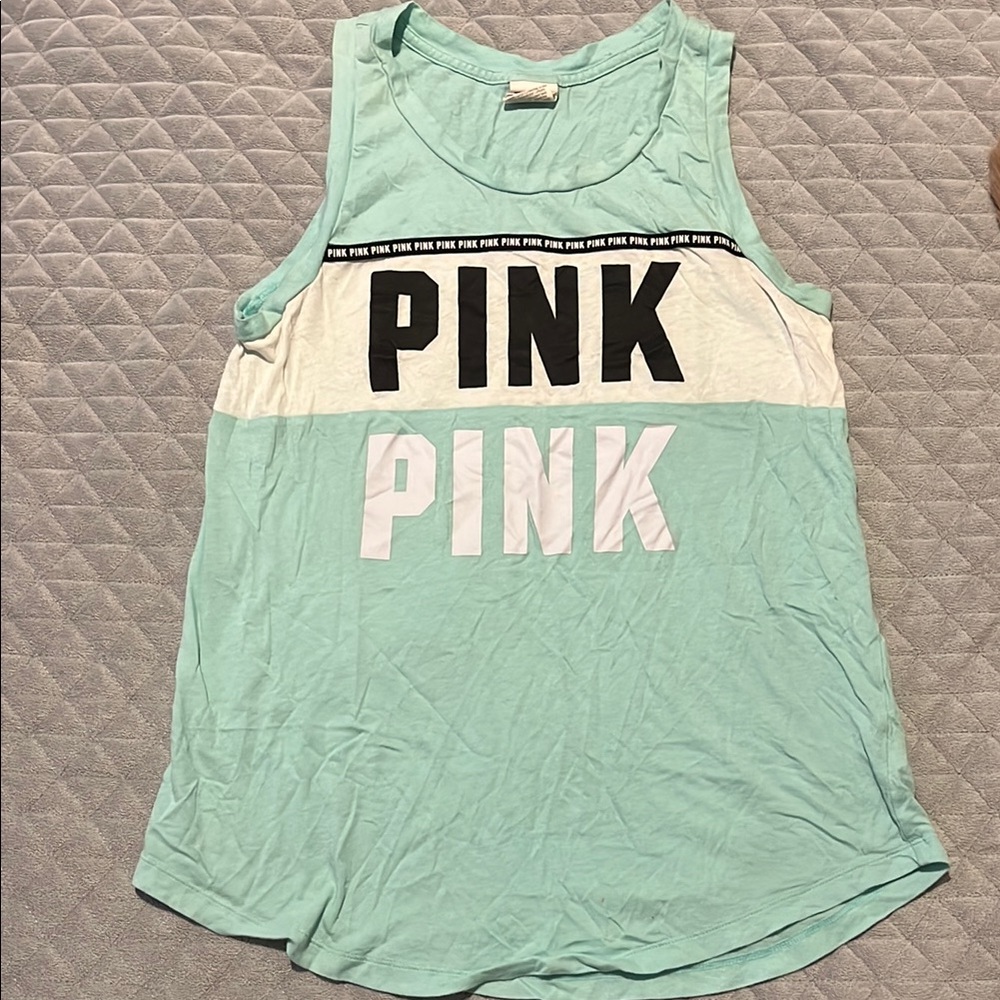 PINK Victoria's Secret Relaxed Green and White Tank Top